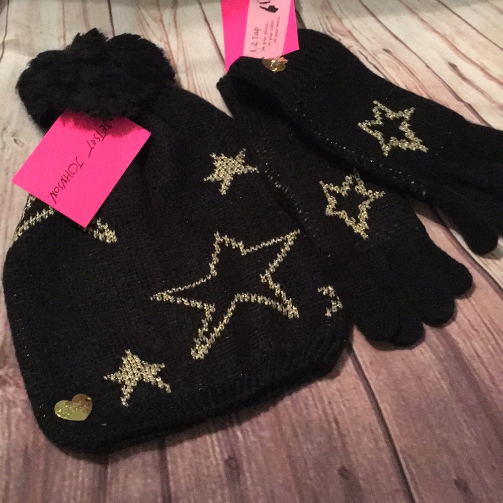 New set black gold stars gloves and hat winter